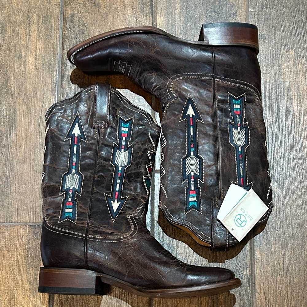 Roper Dark Brown Leather Cowboy Boots with Multicolor Arrow Embroidery